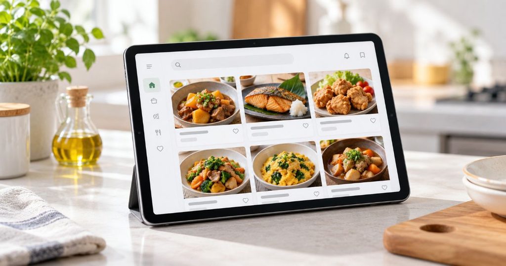 複数の料理レシピを表示したタブレット画面