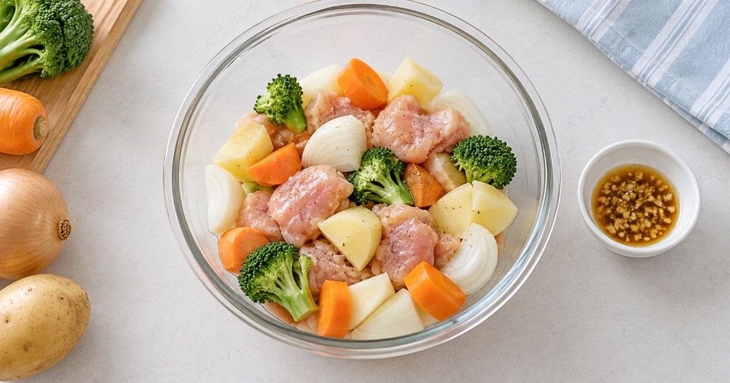 これから加熱する鶏肉と野菜