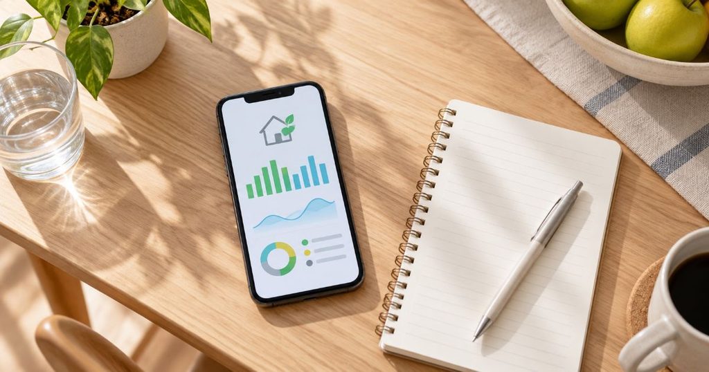 スマートフォンで家庭の電力使用状況を確認しているイメージ