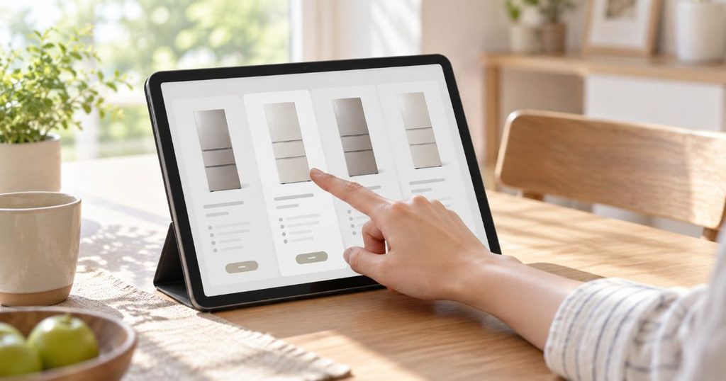 タブレットで複数の冷蔵庫を比較している手元