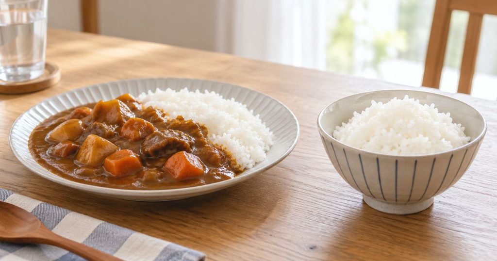 カレーライスと炊きたての白ごはんを並べた食卓