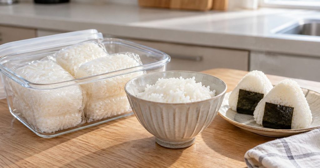 冷凍保存したごはんと茶碗のごはんとおにぎりを並べたイメージ