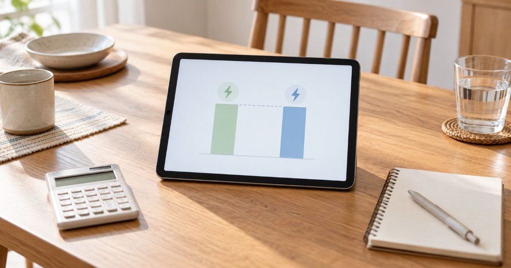 タブレットの比較グラフと電卓とメモ帳を置いた食卓