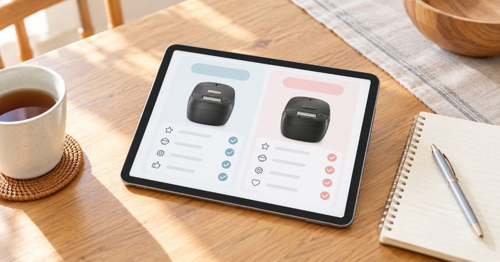 タブレットで2台の炊飯器を比較している購入検討イメージ