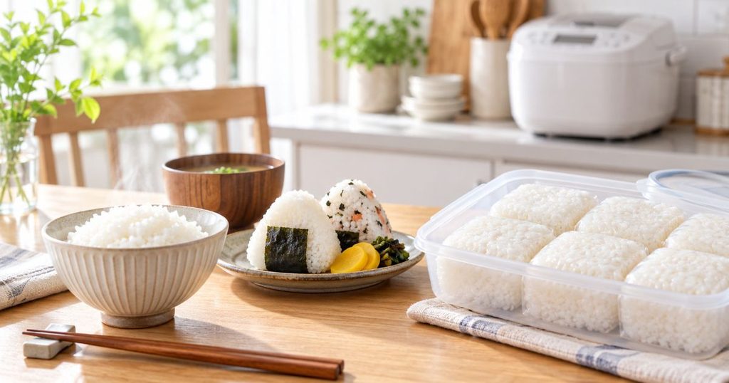 茶碗のご飯とおにぎりと保存容器に入れたご飯