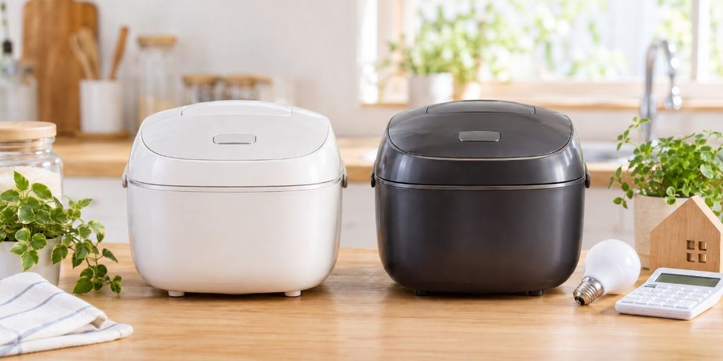 白と黒の炊飯器2台と電球、電卓を置いたキッチン