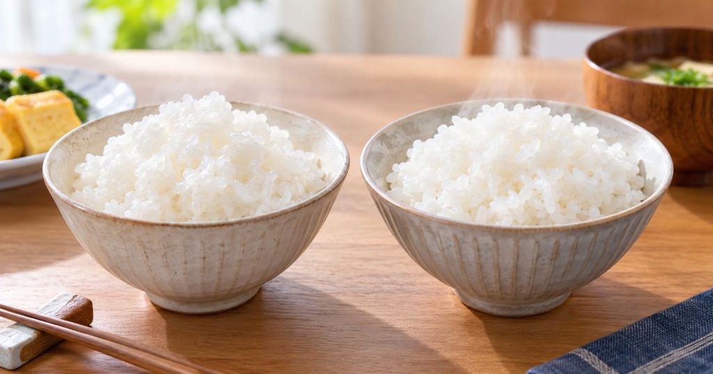 食感の違いをイメージした2杯の白ごはん