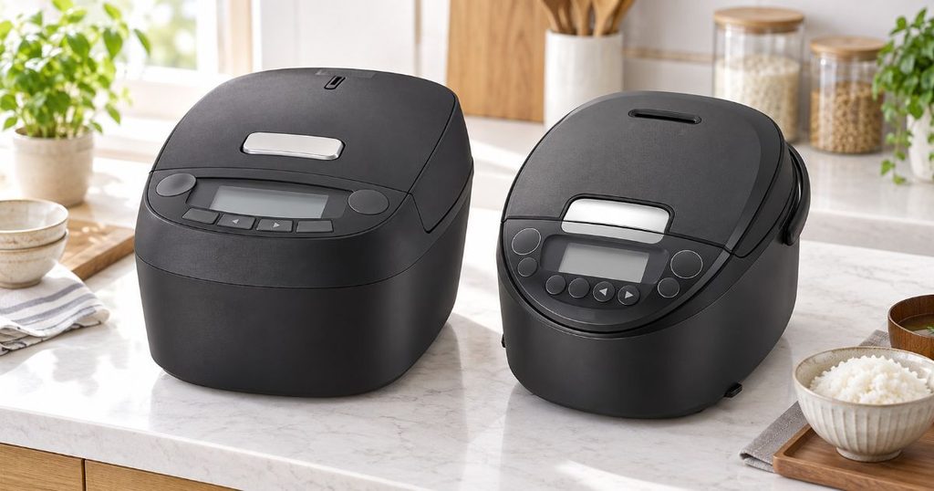 キッチンに並べたJPV-M180とJPW-J180の炊飯器