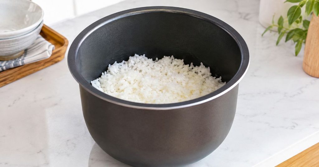 炊きたてごはんが入った黒い炊飯器の内釜