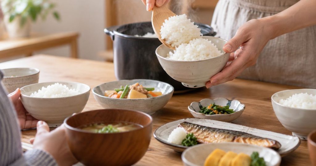 家族分の茶碗に炊きたてごはんをよそう食卓
