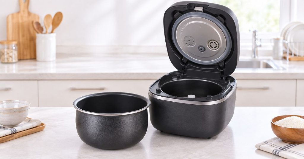 ふたを開けた炊飯器と取り外した内釜