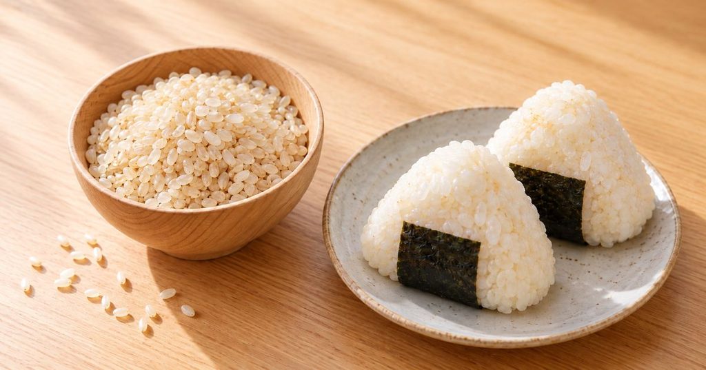 分づき米と2個のおにぎりを並べた食卓