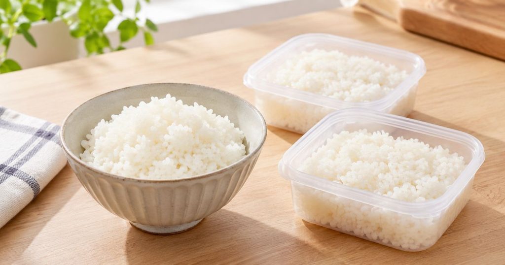炊きたての白ごはんと保存容器に分けたごはん