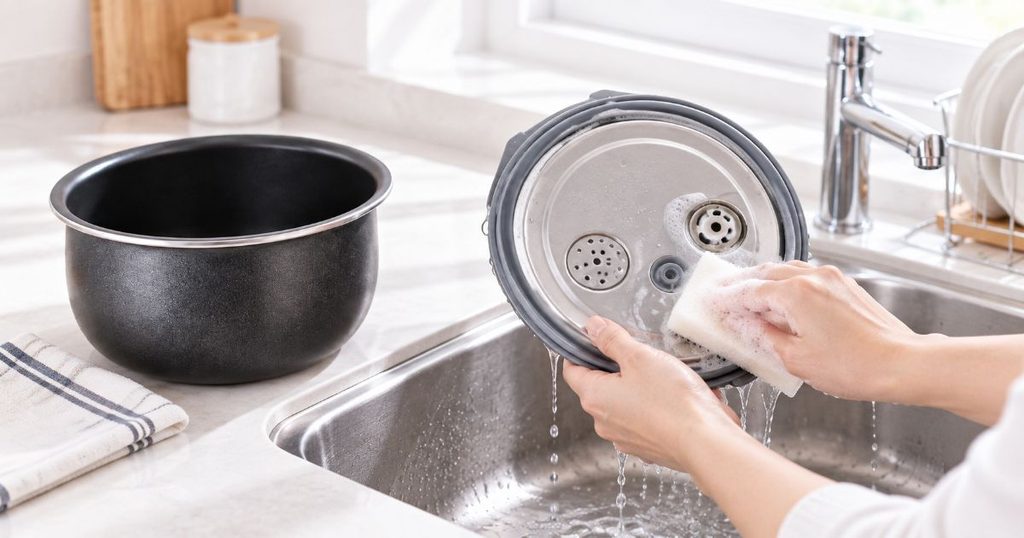炊飯器の内ぶたをスポンジで洗っている手元