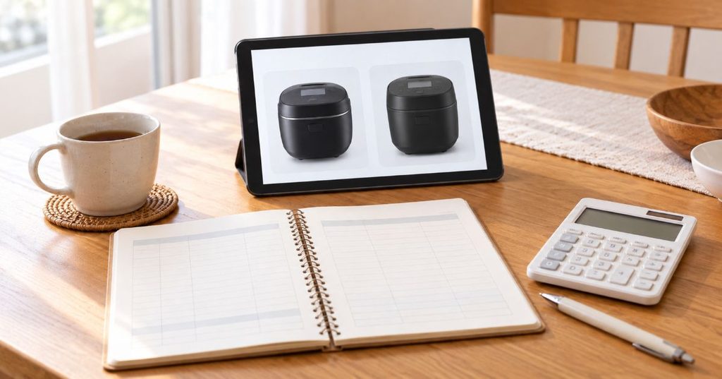 炊飯器を比較するタブレットと家計ノートと電卓