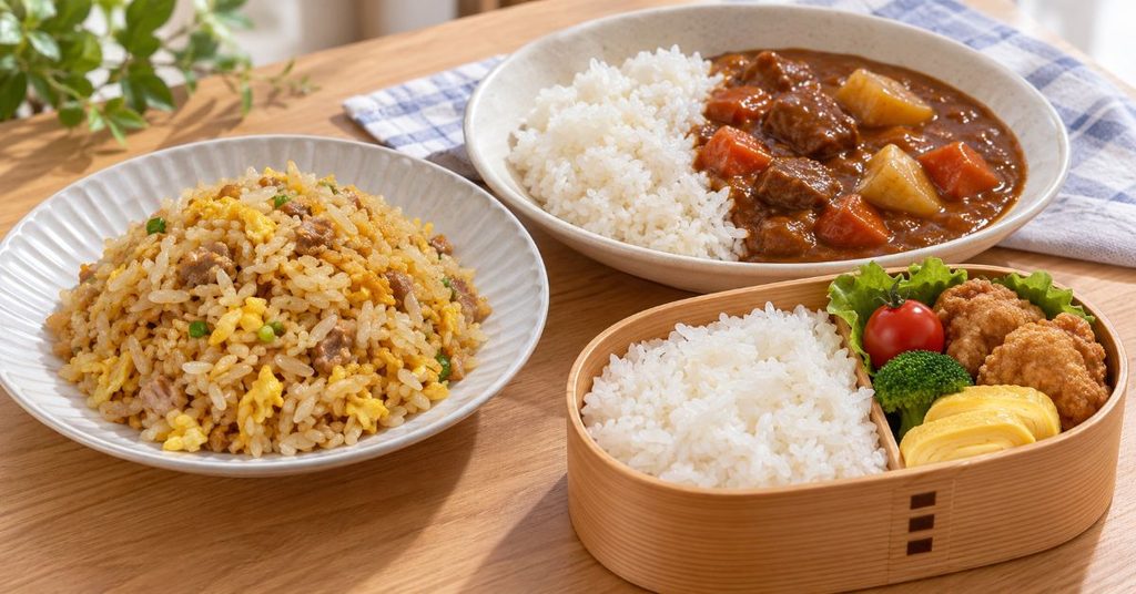 チャーハンとカレーライスと弁当ご飯の炊き分けイメージ