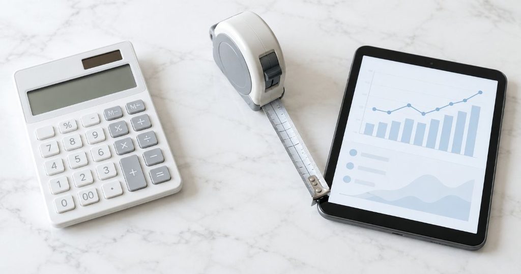 電卓とメジャーとタブレットで価格やサイズや電力を比較するイメージ
