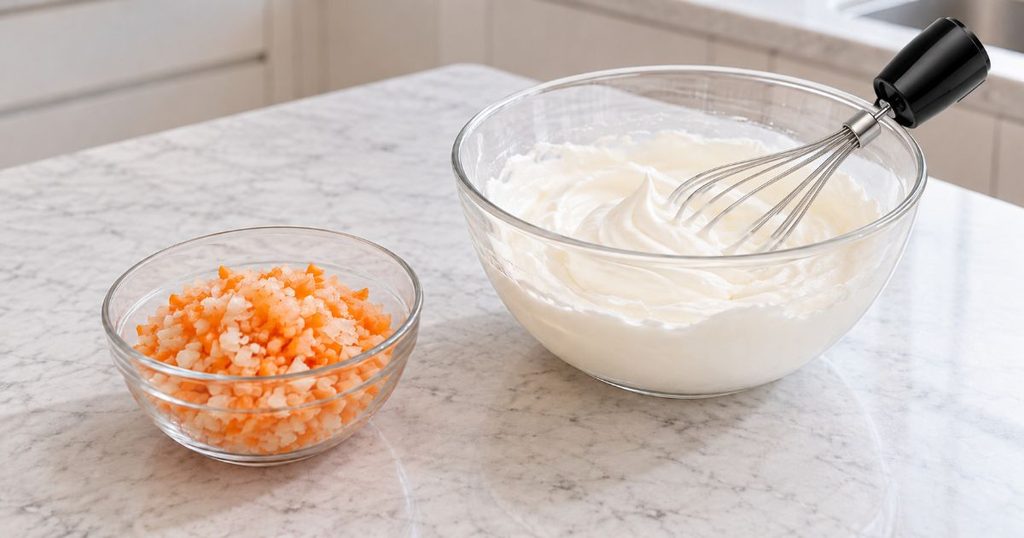 みじん切り野菜と生クリームと黒い接続部付き泡立て器