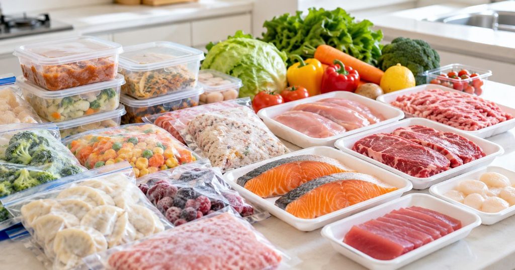 冷凍食品と肉や魚などの生鮮食品を並べた画像