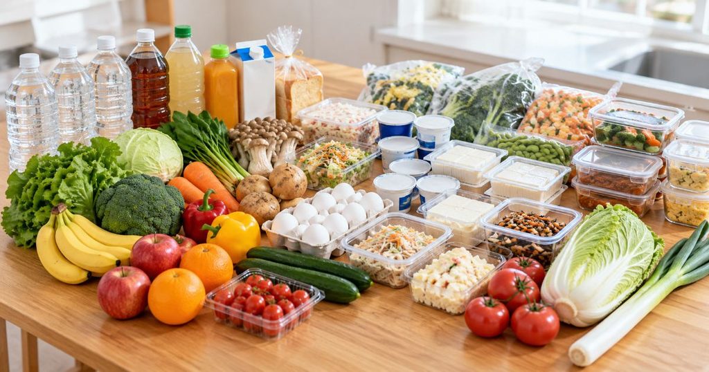 飲料や野菜、作り置きなどをまとめ買いした食品