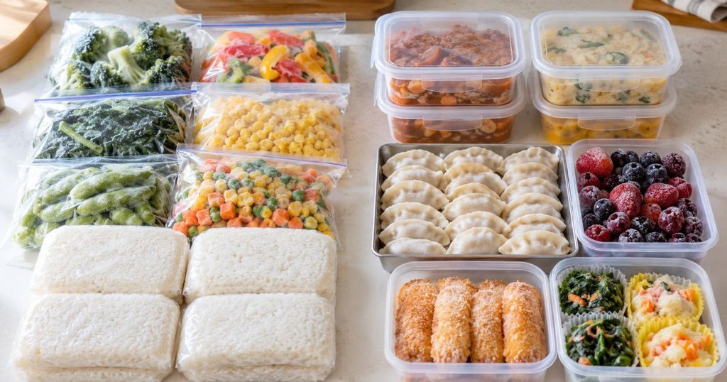 冷凍食品と作り置きを種類ごとに分けた収納イメージ