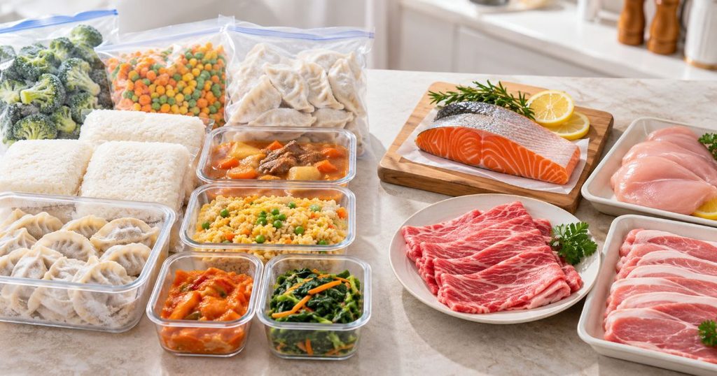 冷凍食品と作り置き、肉や魚を並べた選び方のイメージ