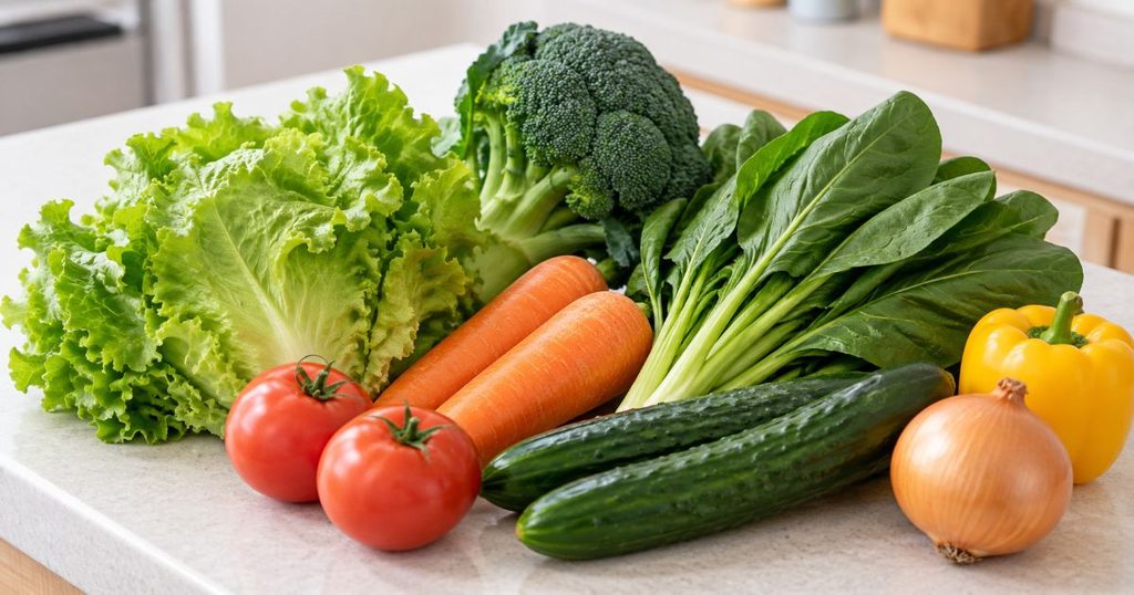キッチンカウンターに並べたみずみずしい野菜
