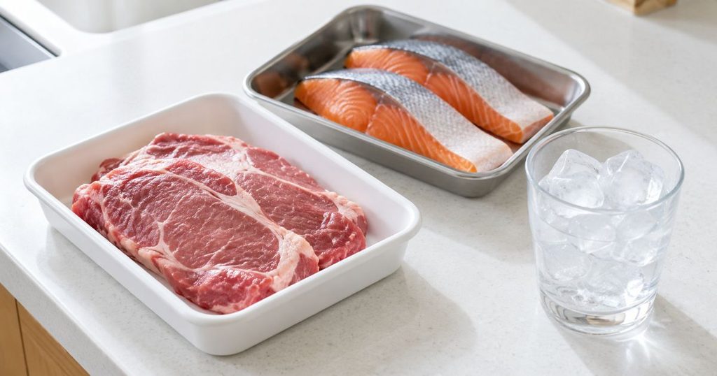保存前の肉と魚と氷を入れたグラス