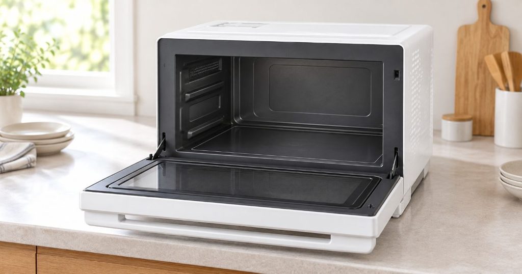 扉を開いたMRO-S7Eのワイドでフラットな庫内