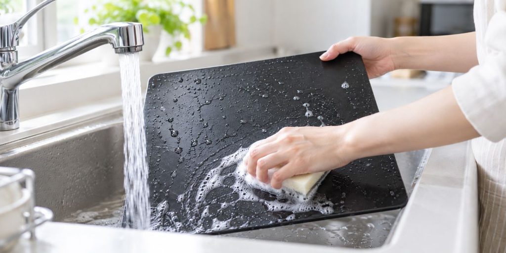 セラミック製テーブルプレートをシンクで洗う手元