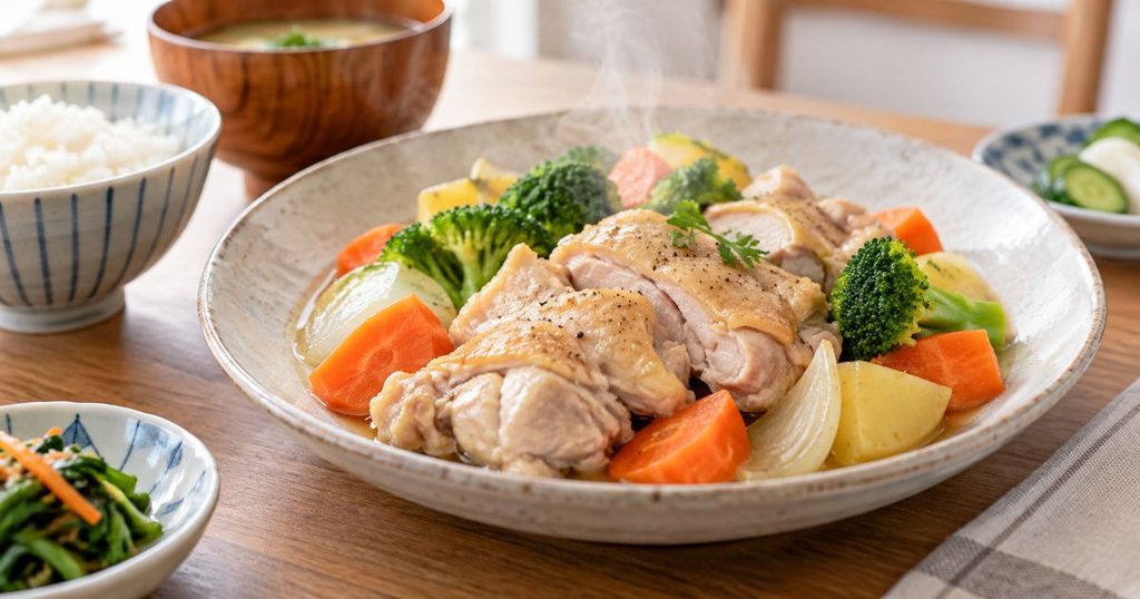 鶏肉と温野菜をしっとり仕上げた蒸し料理