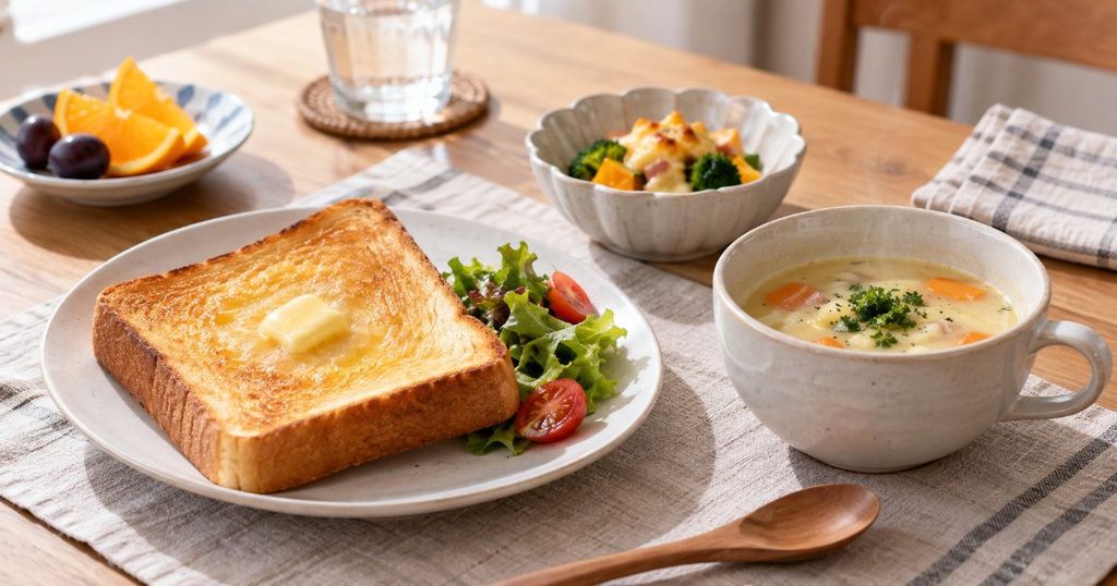 トーストと温かいスープを並べた朝食