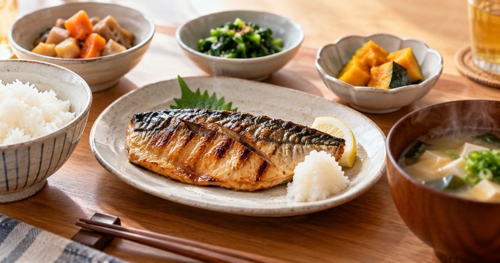焼き魚とご飯、汁物、副菜を並べた温かい和定食