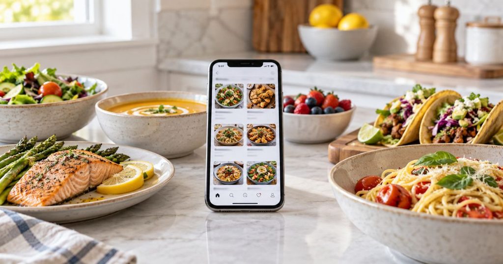 スマートフォンの料理メニュー画面と複数の料理