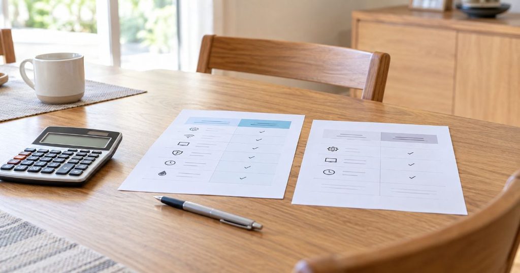 電卓と2枚の比較資料を使って機能と価格を検討する場面