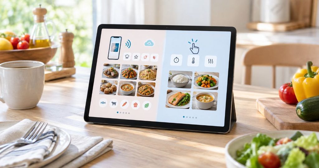タブレット画面で多機能モデルとシンプルモデルを比較する場面