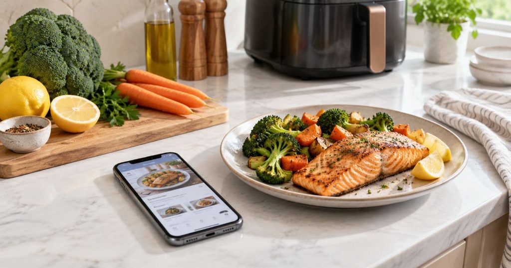 スマートフォンでレシピを確認しながら料理をするイメージ