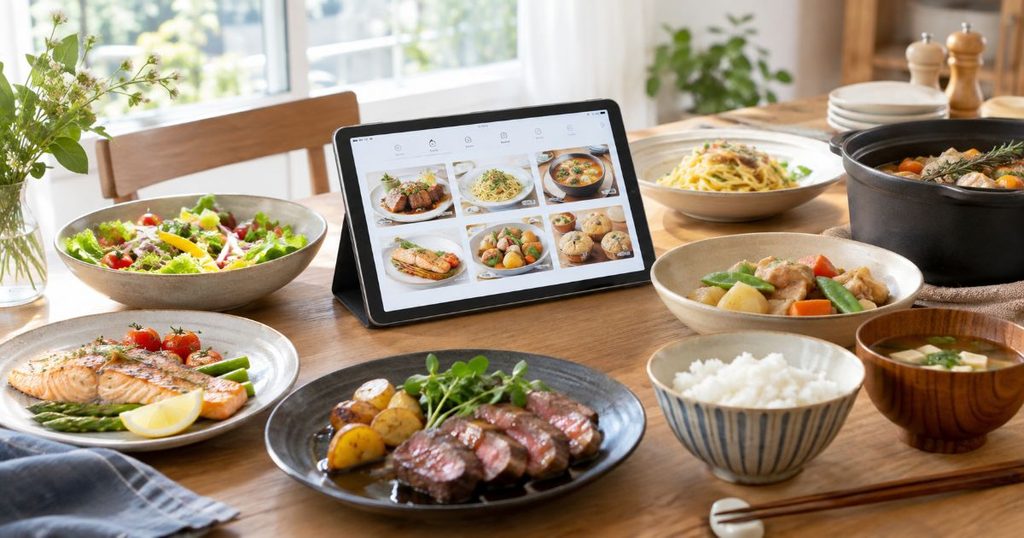 タブレットのレシピ一覧とさまざまな料理が並ぶ食卓