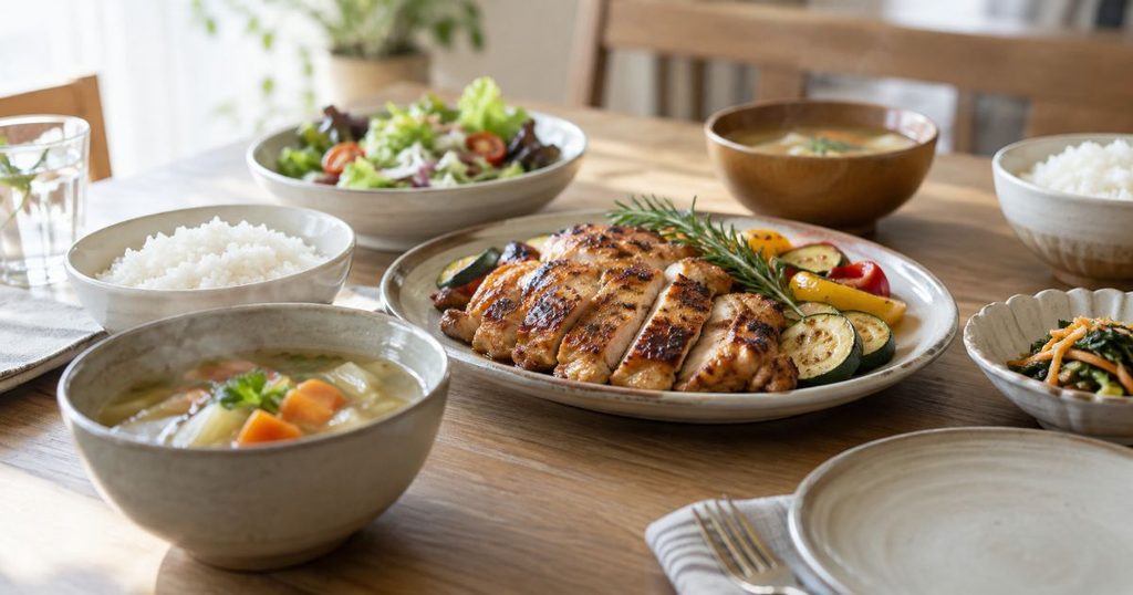 グリル料理とスープが並ぶ食卓