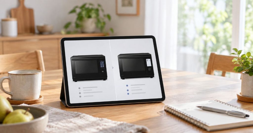 タブレットで新旧オーブンレンジを比較している様子