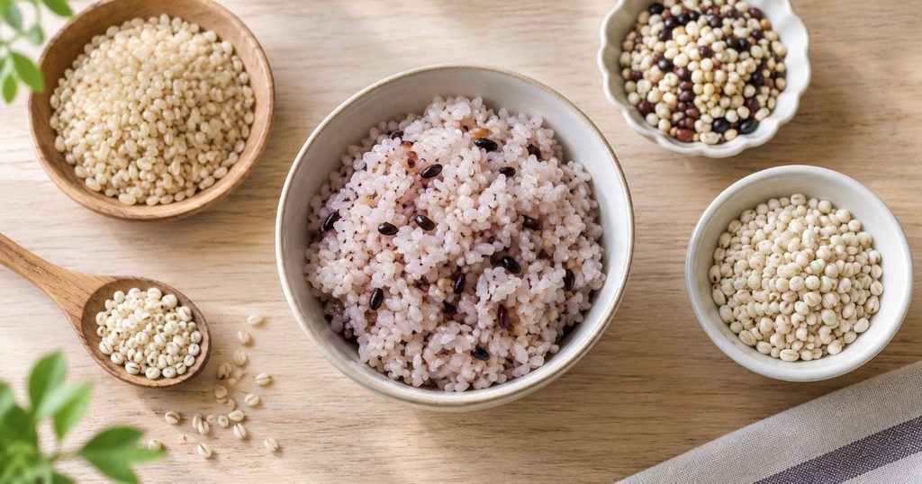 雑穀ごはんと複数の穀物を並べた食卓