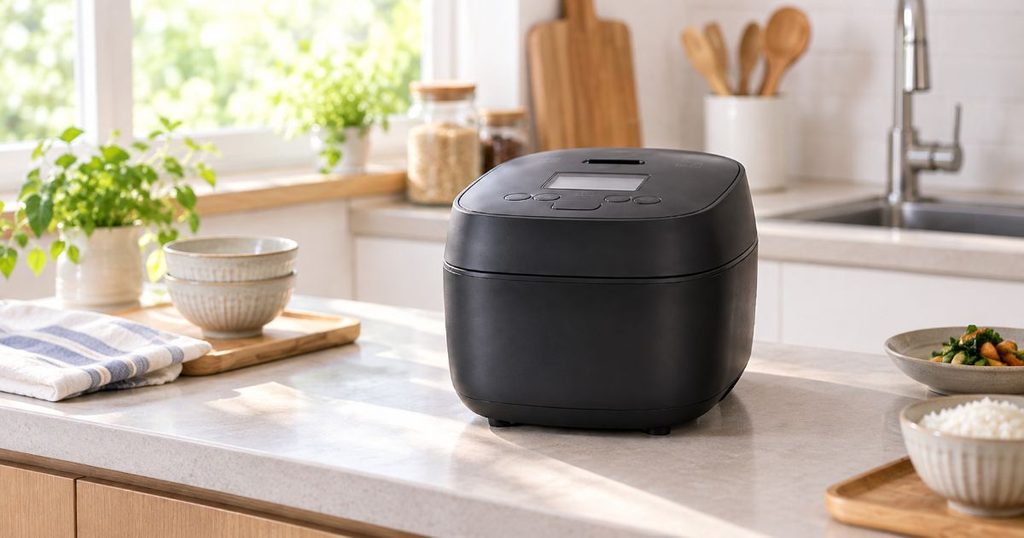 明るいキッチンカウンターに置かれた黒い炊飯器