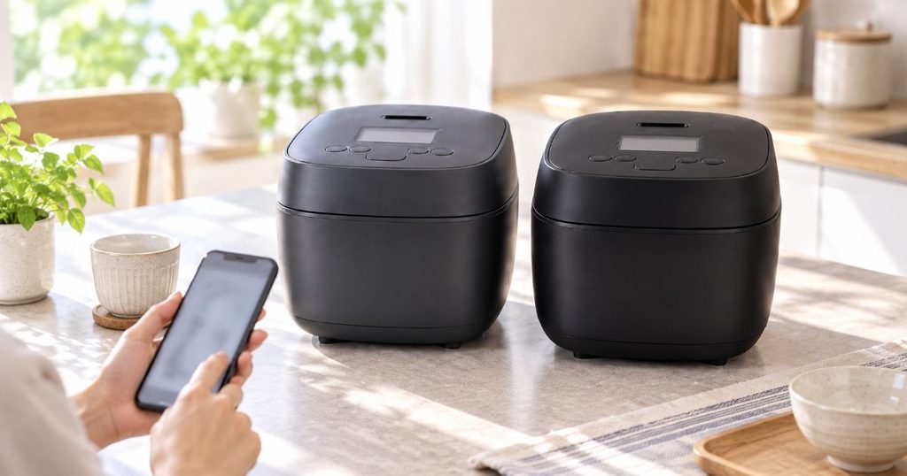 スマートフォンを見ながら2台の炊飯器を比較する手元