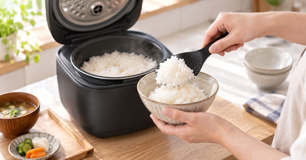 炊飯器から炊きたてのごはんを茶碗によそう手元