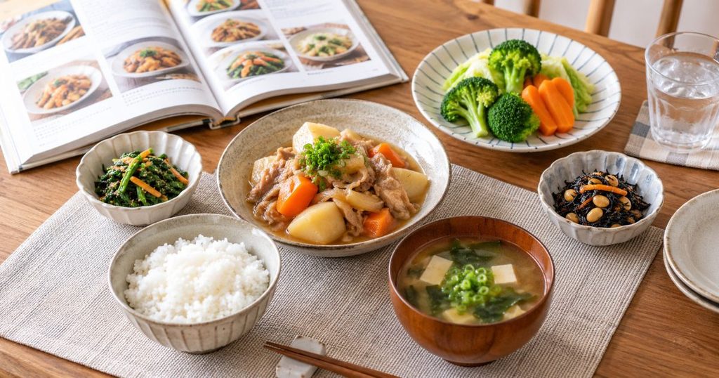 複数の家庭料理とレシピブックを並べた食卓