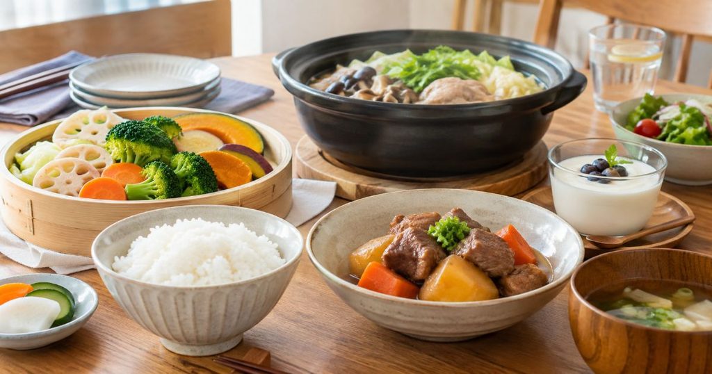 ご飯・蒸し野菜・煮込み料理・卓上鍋などを並べた食卓