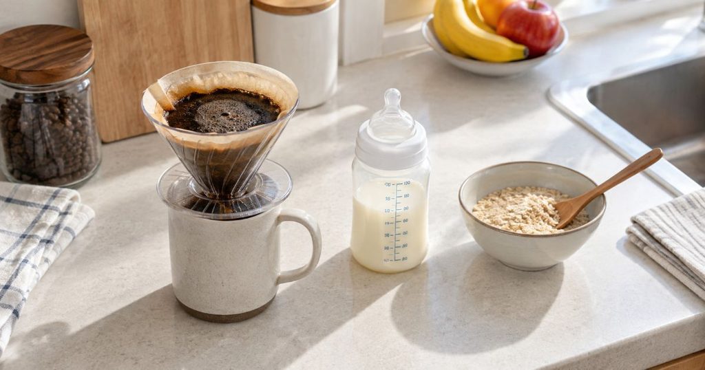 コーヒーと哺乳びんと料理用の器を並べたキッチン
