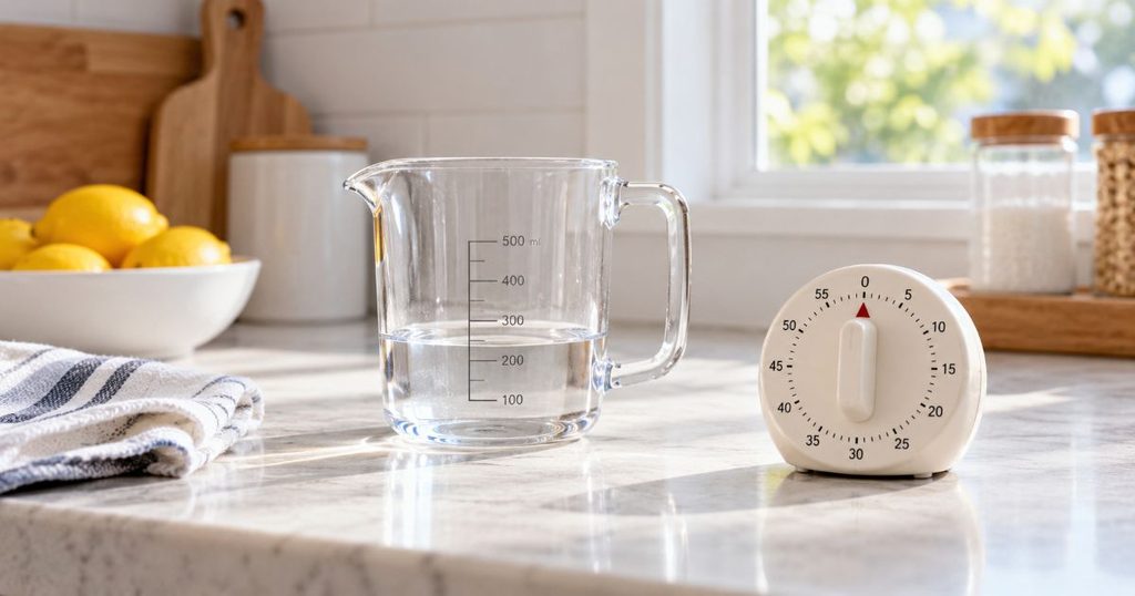 少量の水を入れた計量ピッチャーとキッチンタイマー