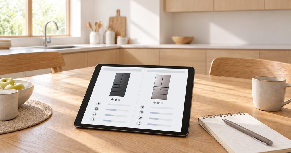 タブレット画面で2台の冷蔵庫を比較している様子