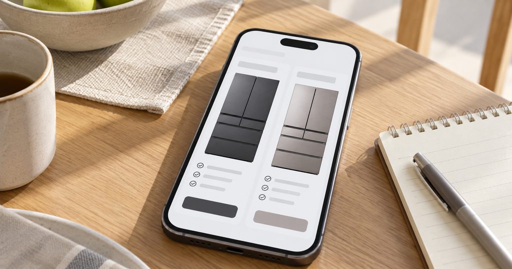スマートフォン画面で2台の冷蔵庫を比較している様子